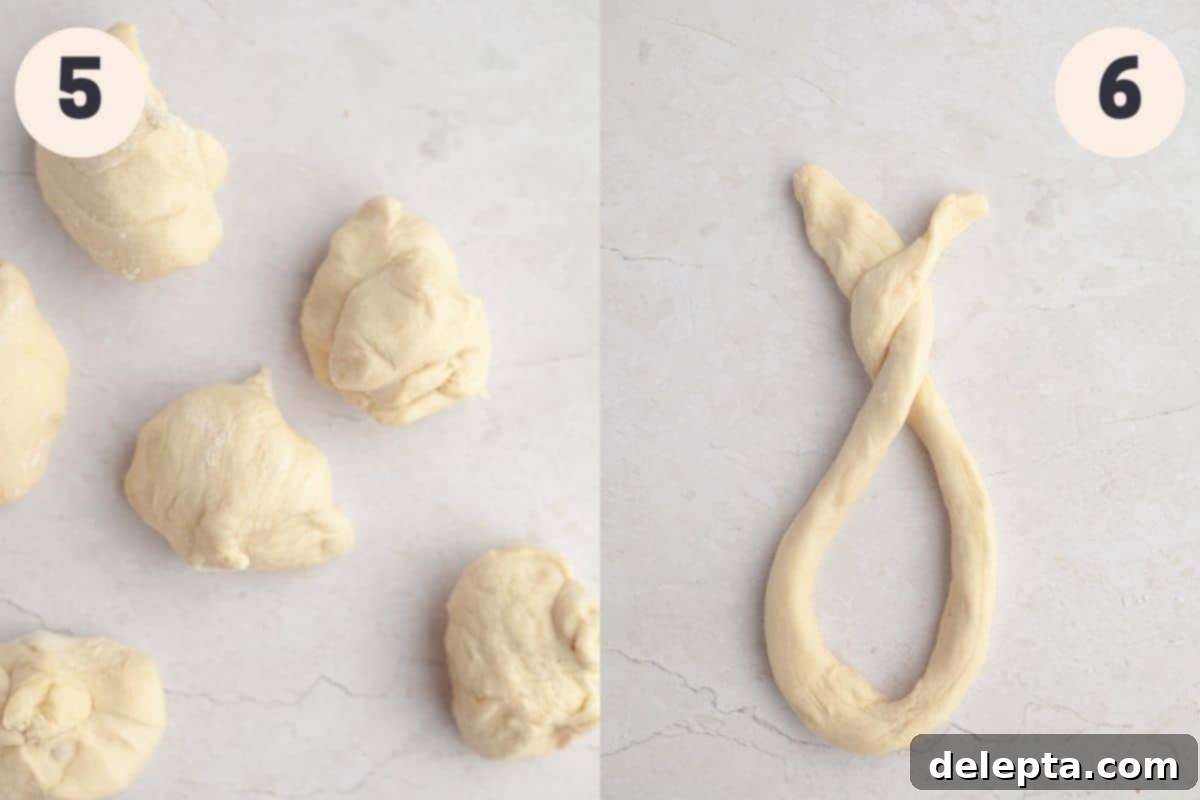 Warm Cinnamon Sugar Soft Pretzels 7 Step 5 illustrates deflating the risen dough and dividing it into equal portions. Step 6 shows a dough piece being rolled into a long rope and then twisted into the classic pretzel shape.