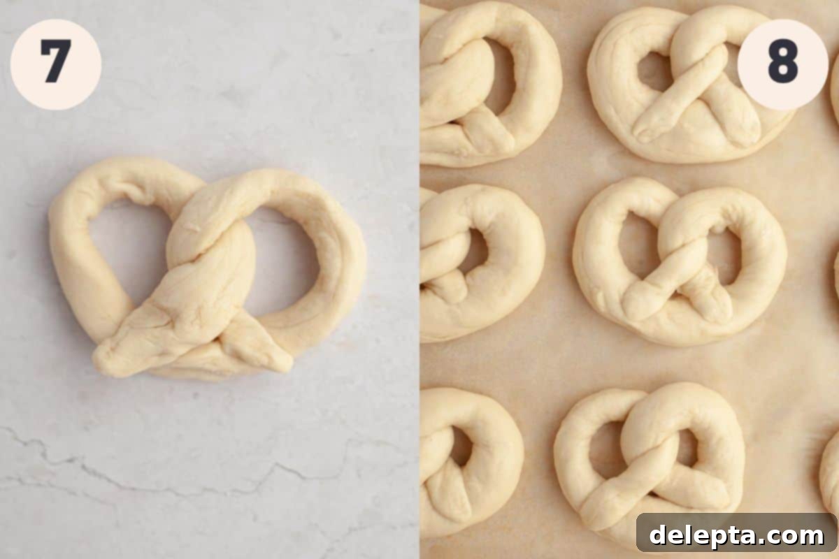 Warm Cinnamon Sugar Soft Pretzels 8 Step 7 shows pinching the ends of the shaped pretzel dough to secure the classic form. Step 8 displays all shaped pretzels on parchment-lined baking sheets, covered for a second rise, with a saucepan of water boiling in the background.
