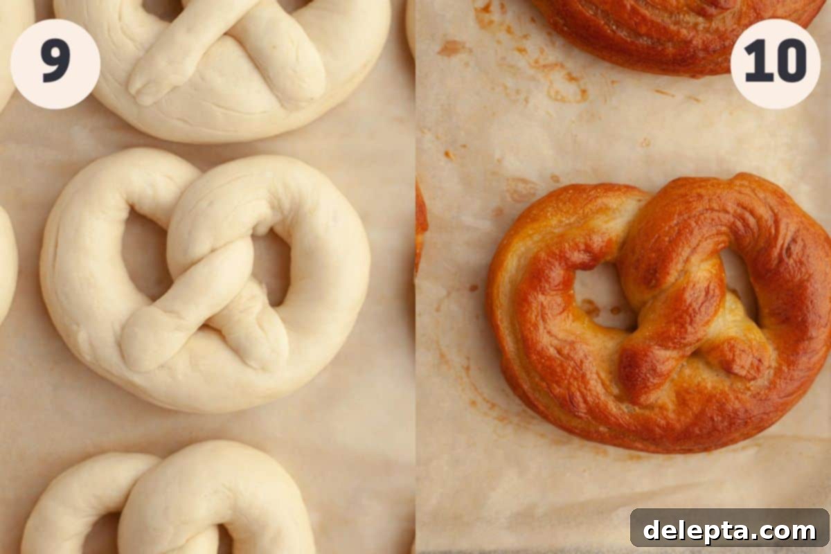 Warm Cinnamon Sugar Soft Pretzels 9 Step 9 shows the puffy pretzels being carefully dropped into boiling water with baking soda. Step 10 illustrates brushing the pretzels with egg wash before baking.