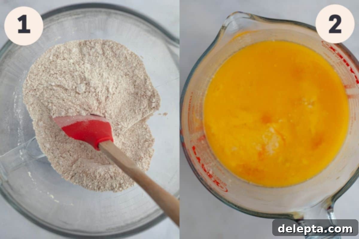 Irresistible Baked Maple Doughnuts 4 Two images side by side. The first shows a glass bowl with dry ingredients (flour, spices), and the second shows a jug with whisked wet ingredients (eggs, buttermilk, maple syrup).
