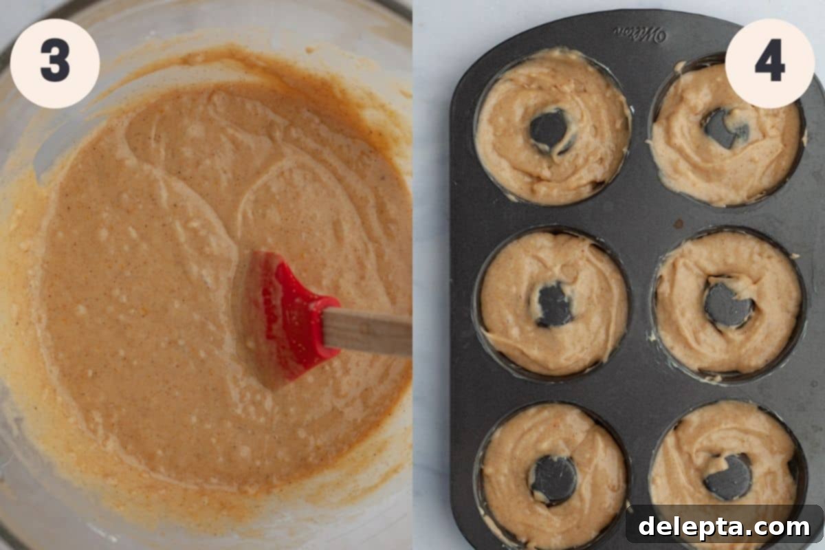 Irresistible Baked Maple Doughnuts 5 Two images. The first shows a bowl of donut batter that is perfectly mixed. The second shows a donut pan with cavities filled with batter, ready for baking.