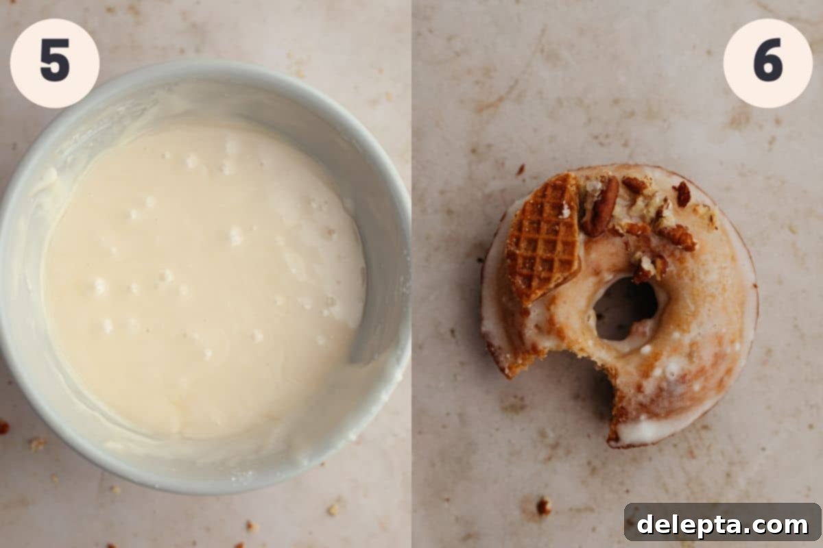 Irresistible Baked Maple Doughnuts 6 Two images. The first shows a bowl of smooth maple glaze. The second shows a glazed donut with a bite taken out, revealing its fluffy interior.
