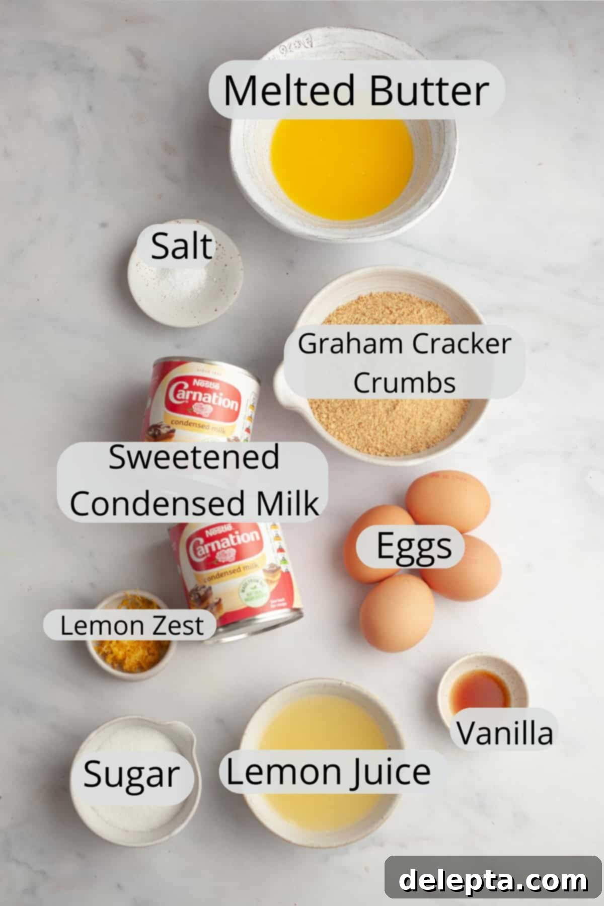 Zesty Lemon Squares with Buttery Graham Crust 3 All the necessary ingredients for lemon bars, meticulously weighed and arranged in small bowls, showcasing fresh lemons, sweetened condensed milk, and graham cracker crumbs.