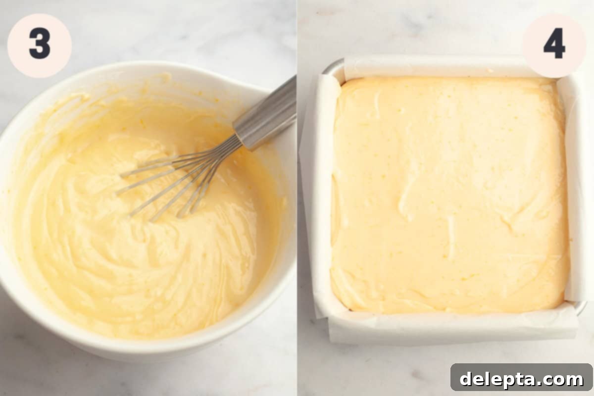 Zesty Lemon Squares with Buttery Graham Crust 5 Creamy lemon bar filling in a mixing bowl, ready to be poured, and a baking pan with the graham cracker crust already in place, topped with the unbaked lemon filling.