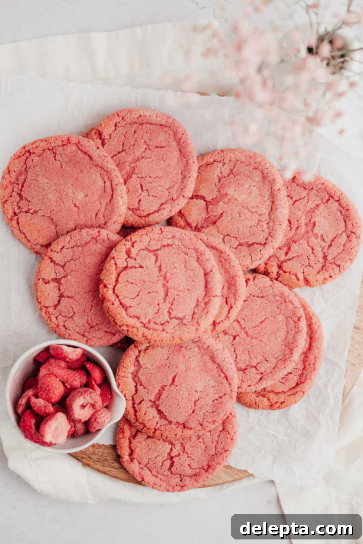 Perfectly Pink, Soft-Chewy Sugar Cookies 2 several pink sugar cookies on parchment paper with a small bowl of freeze dried strawberries.