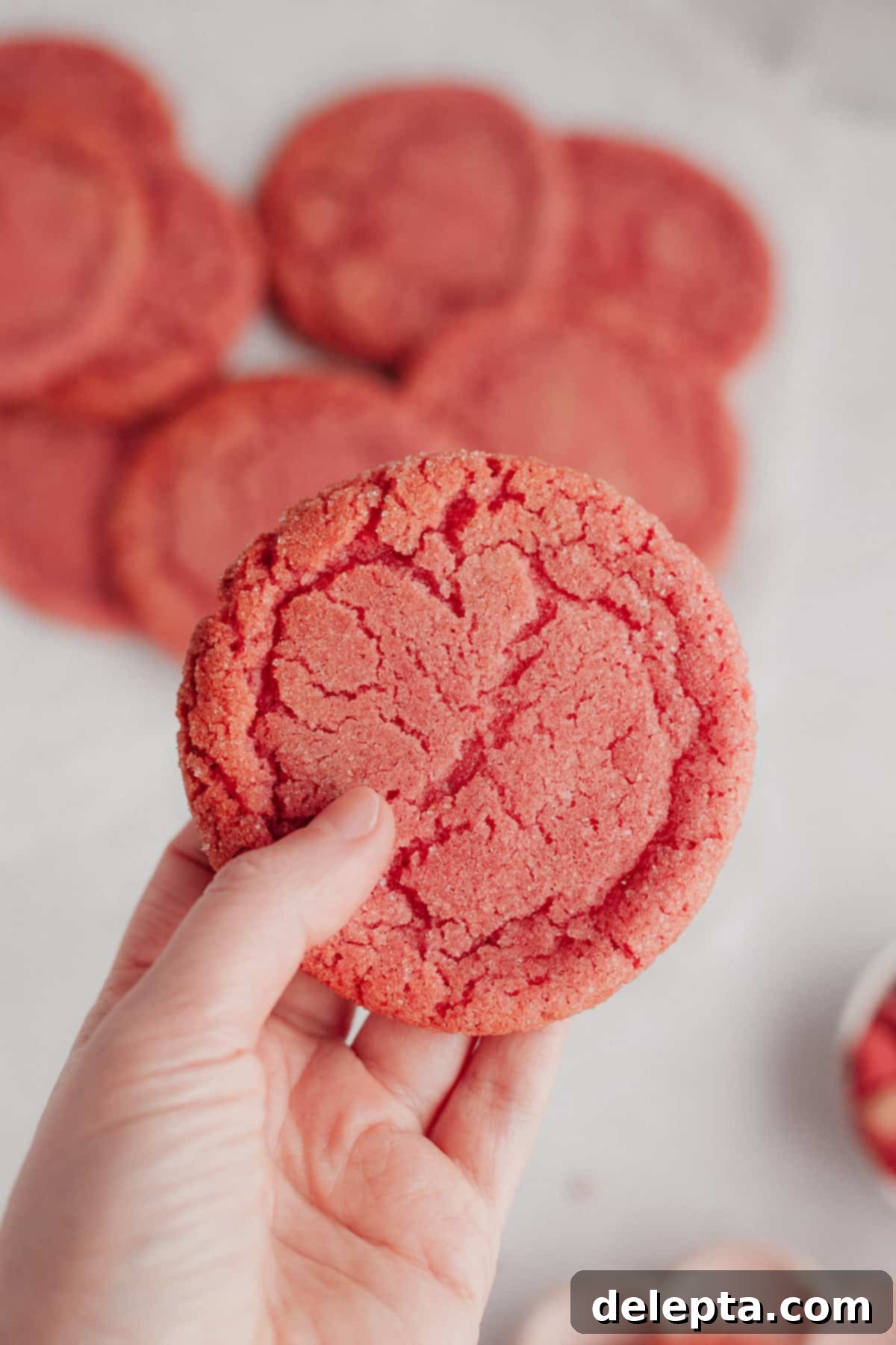 Perfectly Pink, Soft-Chewy Sugar Cookies 7 A hand holding a pink sugar cookie.