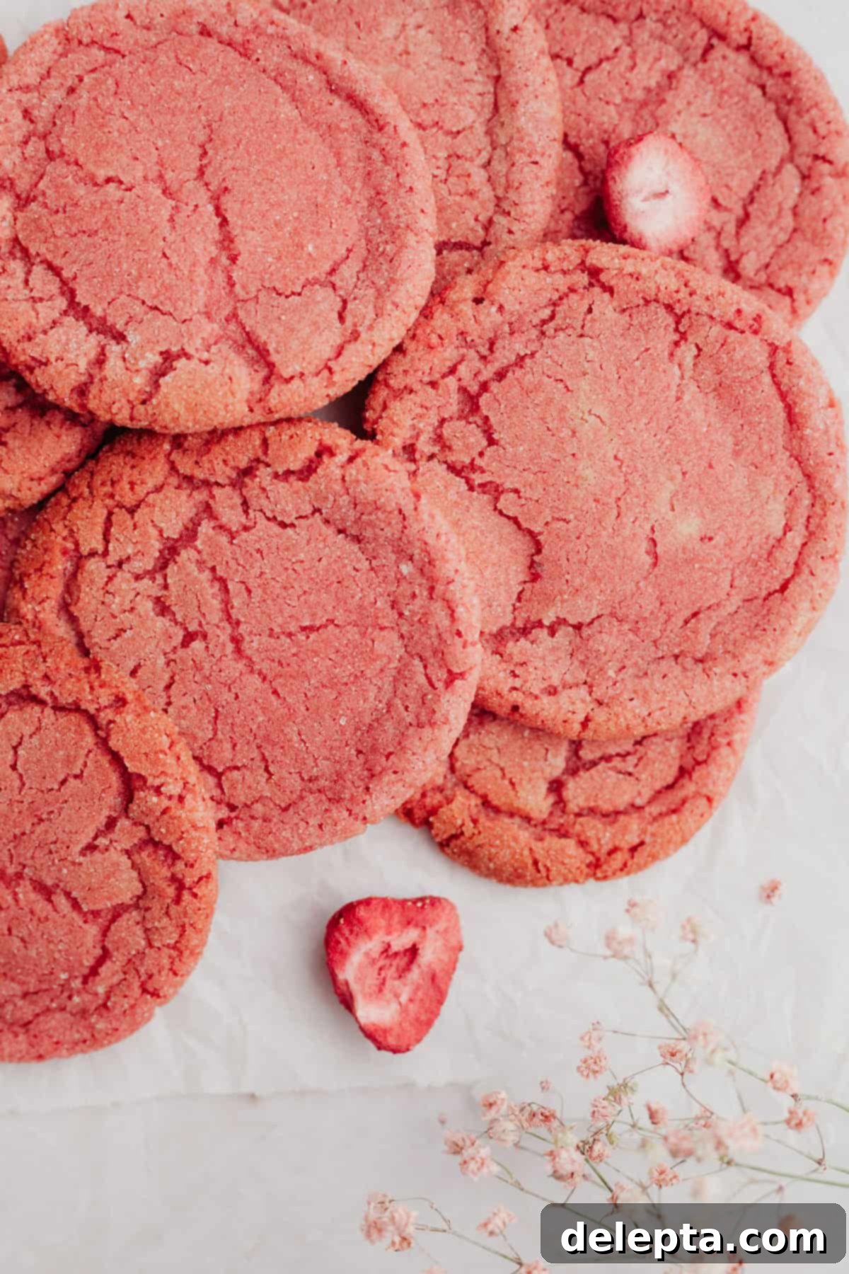 Perfectly Pink, Soft-Chewy Sugar Cookies 8 several sugar cookies that are pink on a white surface.