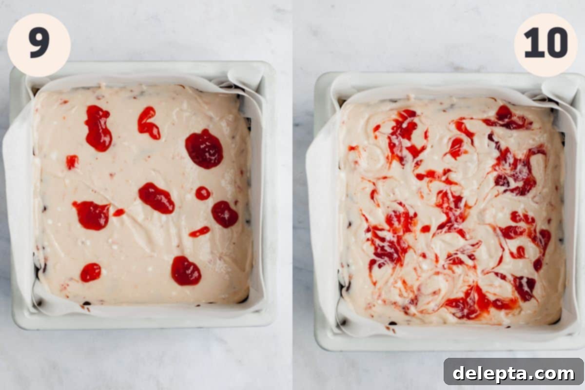 Irresistible Strawberry Cheesecake Brownies from Scratch 9 steps 9 and 10 to make strawberry cheesecake brownies.