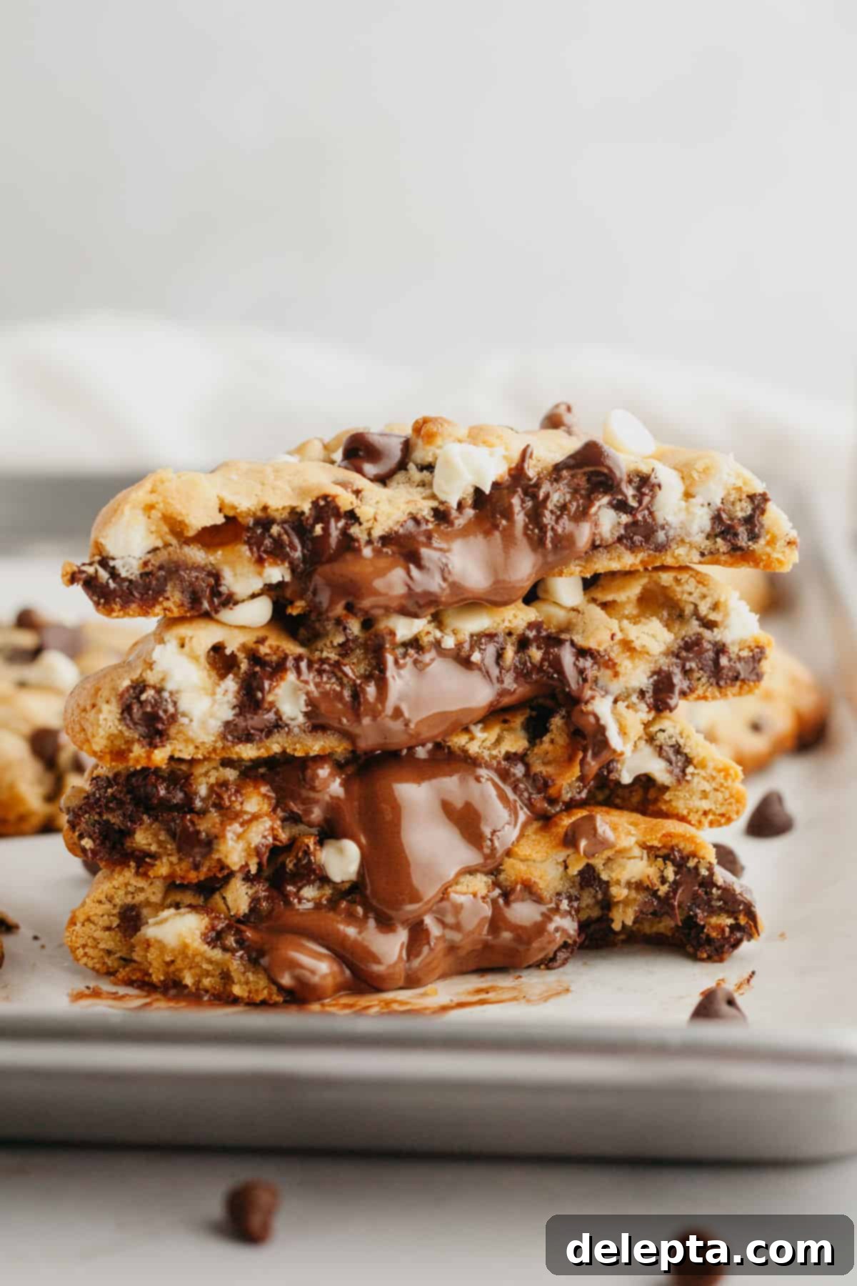 Ultimate Thick and Gooey Chocolate Lava Cookies 2 A stack of perfectly baked, thick chocolate stuffed cookies, with one split in half to reveal the molten chocolate hazelnut filling.
