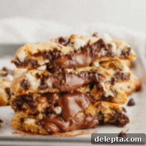 Ultimate Thick and Gooey Chocolate Lava Cookies 10 A stack of chocolate stuffed cookies, split in half to show the chocolate.