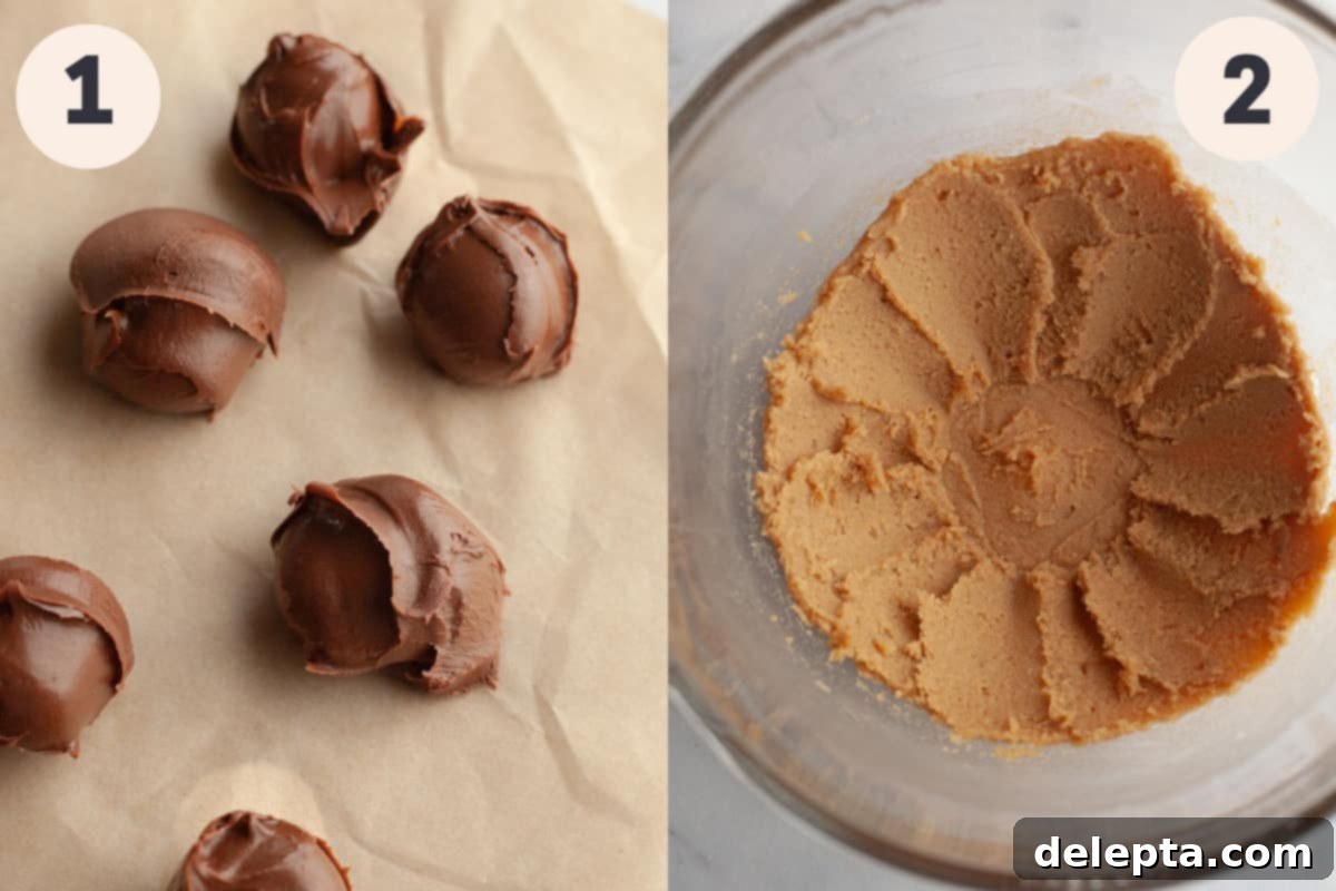 Ultimate Thick and Gooey Chocolate Lava Cookies 4 Scoops of chocolate hazelnut spread neatly arranged on parchment paper, next to a bowl of creamed butter and sugar mixture.