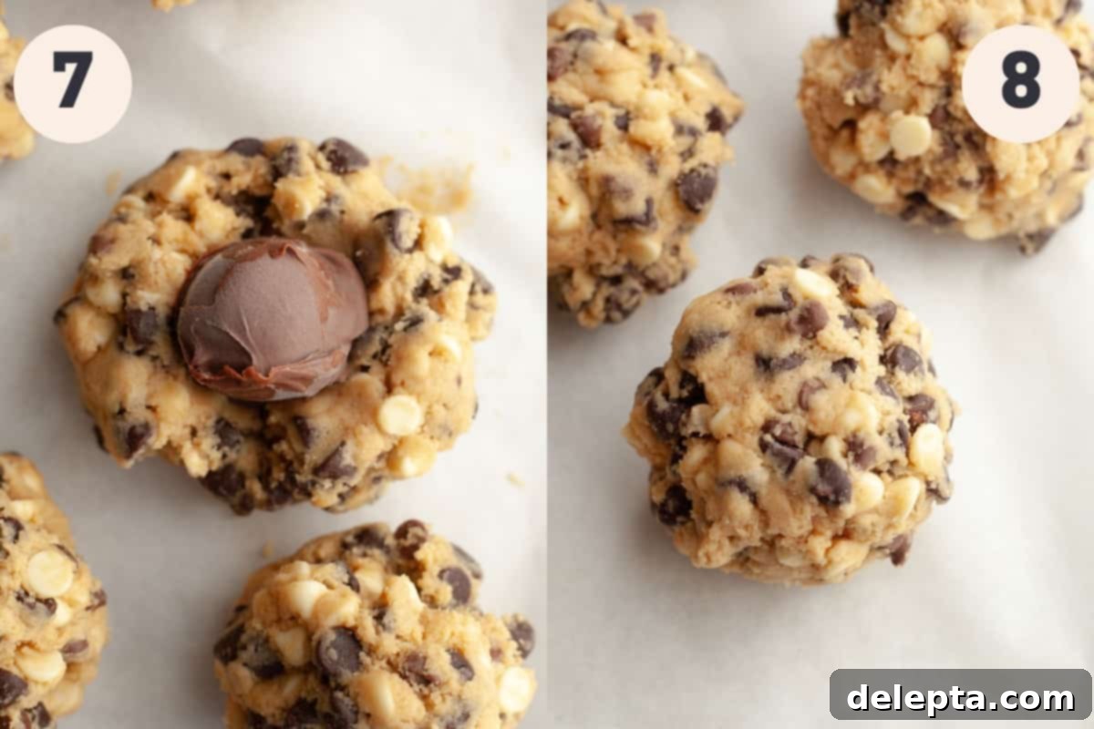 Ultimate Thick and Gooey Chocolate Lava Cookies 7 Eight unbaked, round cookie dough balls, each with a visible indentation, resting on parchment paper on a baking sheet.
