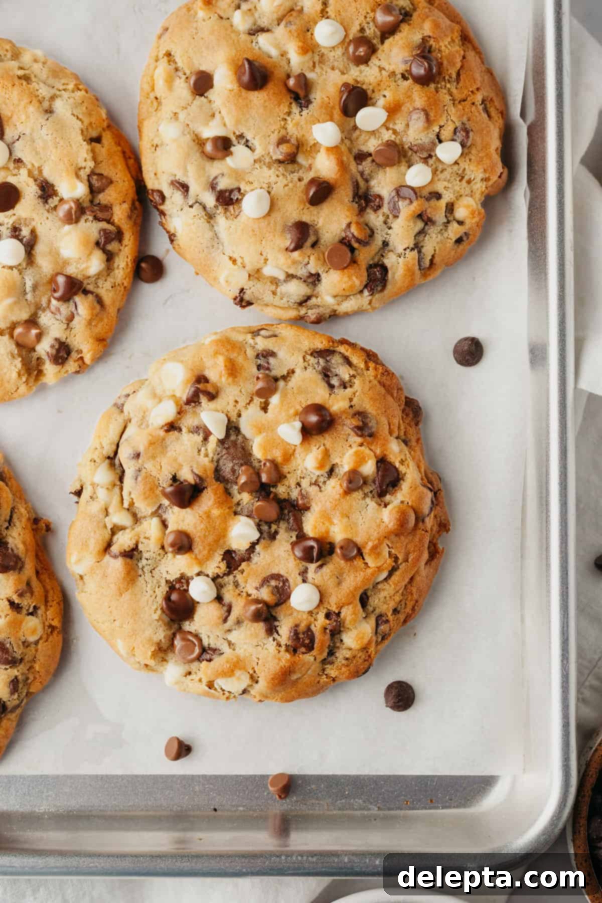 Ultimate Thick and Gooey Chocolate Lava Cookies 8 Freshly baked chocolate chip cookies, still warm and golden, cooling on parchment paper on a baking sheet.