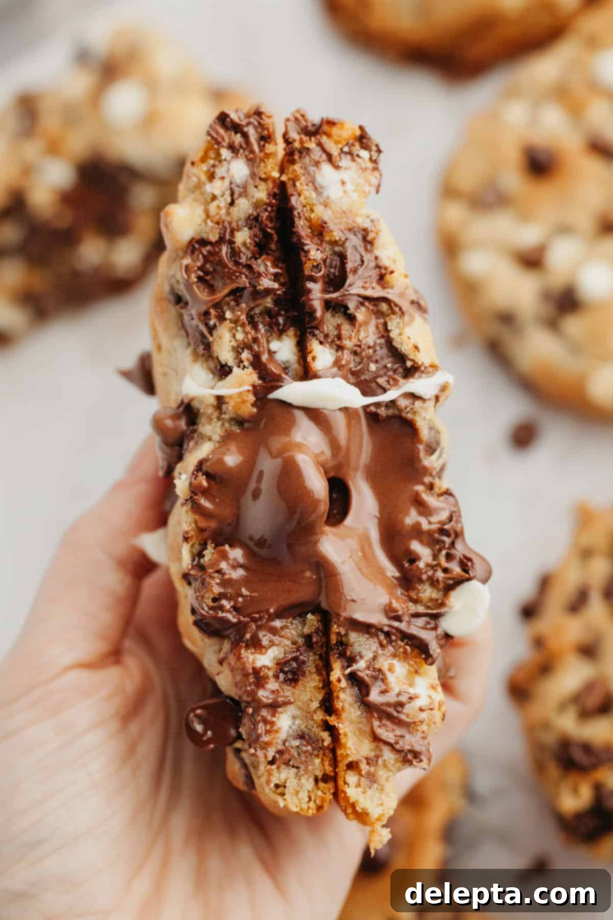 Ultimate Thick and Gooey Chocolate Lava Cookies 9 A hand holds a perfectly baked chocolate filled cookie, expertly split in half to showcase its luscious, molten chocolate center.