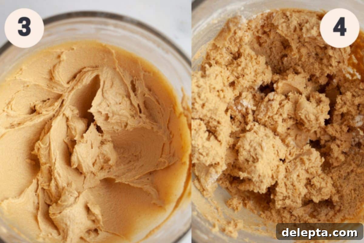 Peanut Butter Mallow Bliss Cookies 5 Process steps 3 and 4, illustrating the smooth, rich, and uniform consistency of the cookie dough after incorporating all wet and dry ingredients in a large glass mixing bowl.