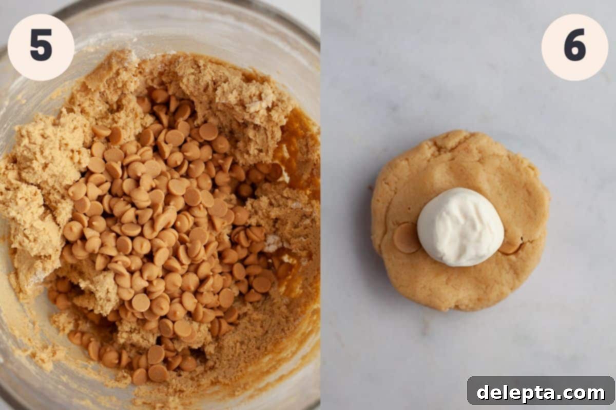 Peanut Butter Mallow Bliss Cookies 6 A glass bowl showcasing the cookie dough expertly folded with peanut butter chips, followed by a flattened piece of dough perfectly ready to be wrapped around a marshmallow for stuffing.