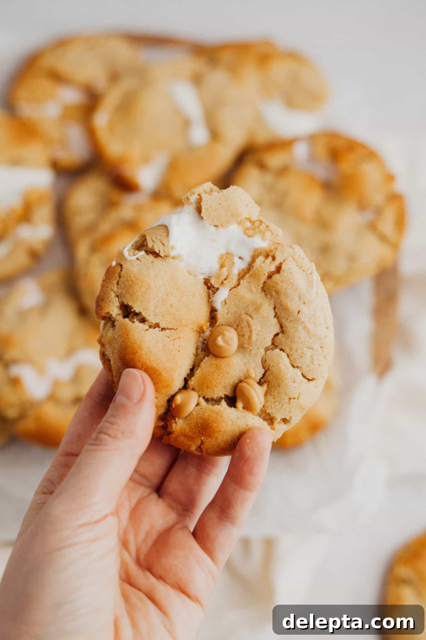 Peanut Butter Mallow Bliss Cookies 7 A hand gently holding a warm, gooey fluffernutter cookie, broken in half to reveal its luscious molten marshmallow center, with other freshly baked cookies visible in the soft-focus background.