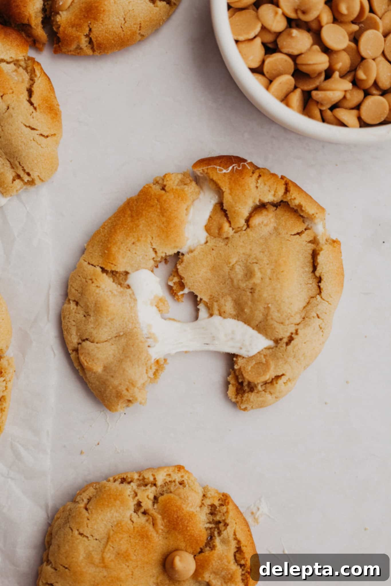 Peanut Butter Mallow Bliss Cookies 8 A single perfect peanut butter cookie, beautifully stuffed with a marshmallow, resting on parchment paper after baking, showing off its inviting texture and golden hue.