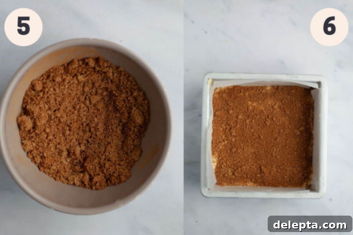 Heavenly Pecan Sour Cream Coffee Cake 7 A small bowl with pecan coffee cake topping in it and a square baking pan with unbaked coffee cake, ready for layering.