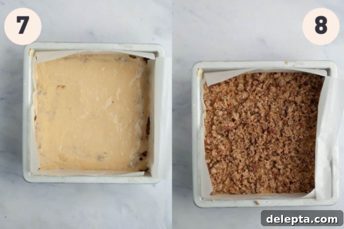 Heavenly Pecan Sour Cream Coffee Cake 8 A square baking pan with unbaked coffee cake in it, showing the top layer of batter covering the filling.