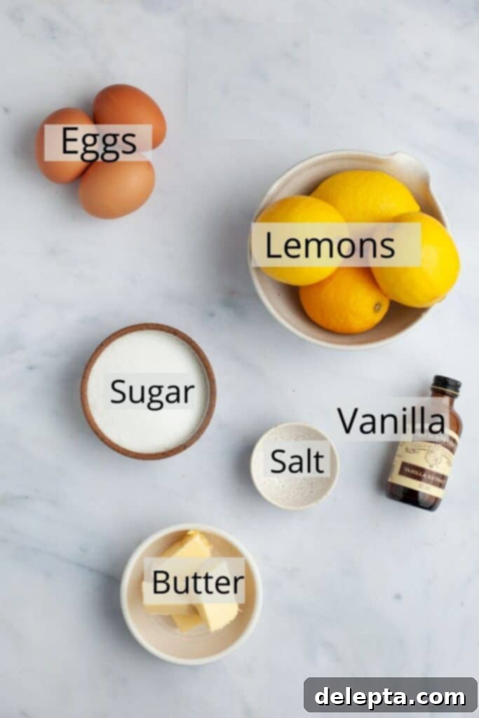 Zesty Lemon Curd Delights 3 All the necessary ingredients for making homemade lemon curd, neatly arranged in small white bowls, including eggs, sugar, butter, and fresh lemons.