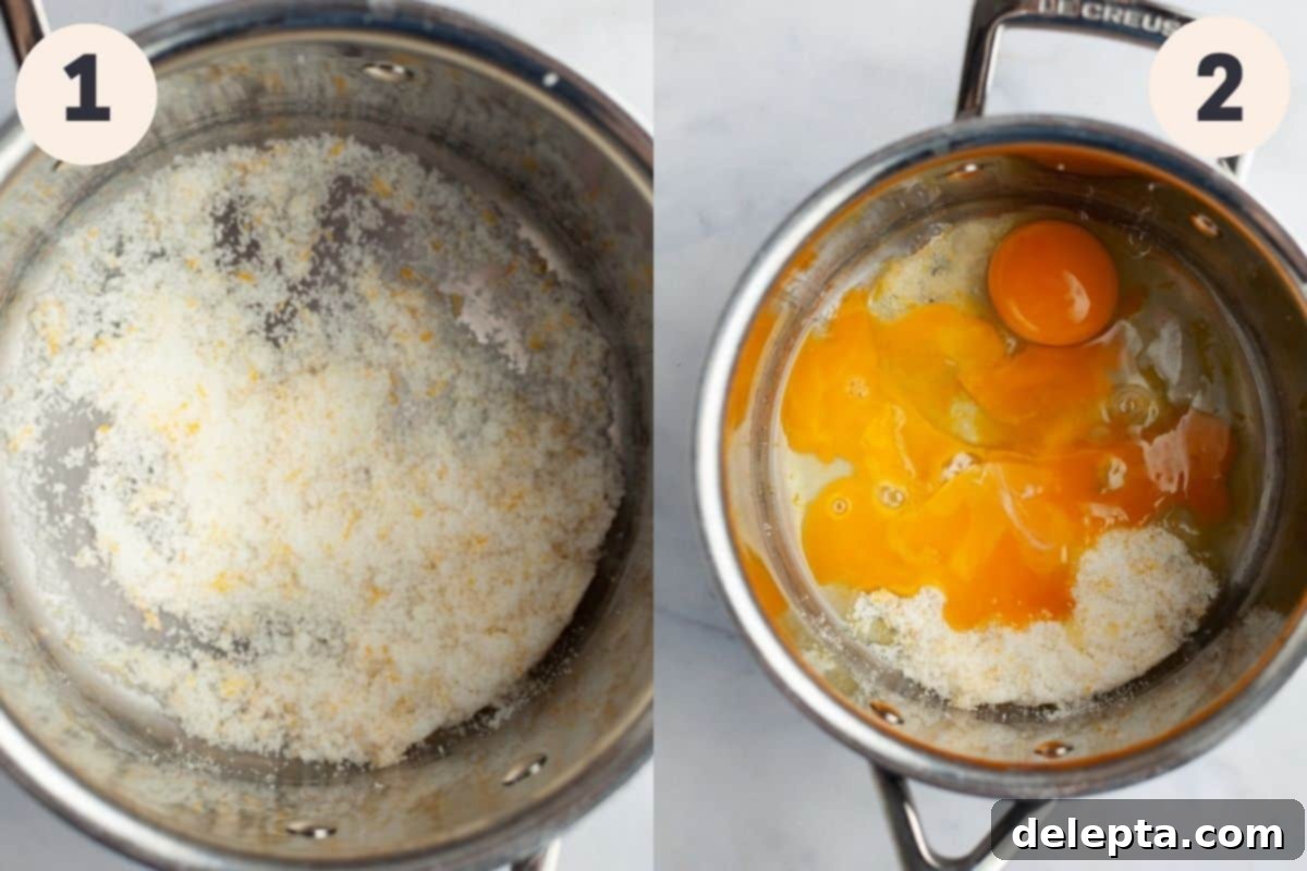 Zesty Lemon Curd Delights 5 Process pictures showing the first two steps of making lemon curd: zesting lemon over sugar and whisking eggs into the lemon-sugar mixture.