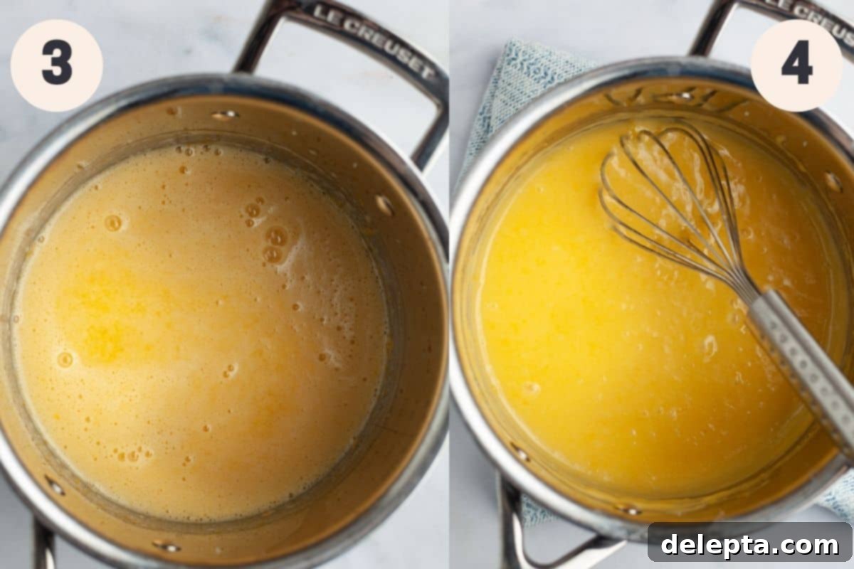 Zesty Lemon Curd Delights 6 Process pictures illustrating the thickening of lemon curd on the stove and whisking in butter at the final stage.