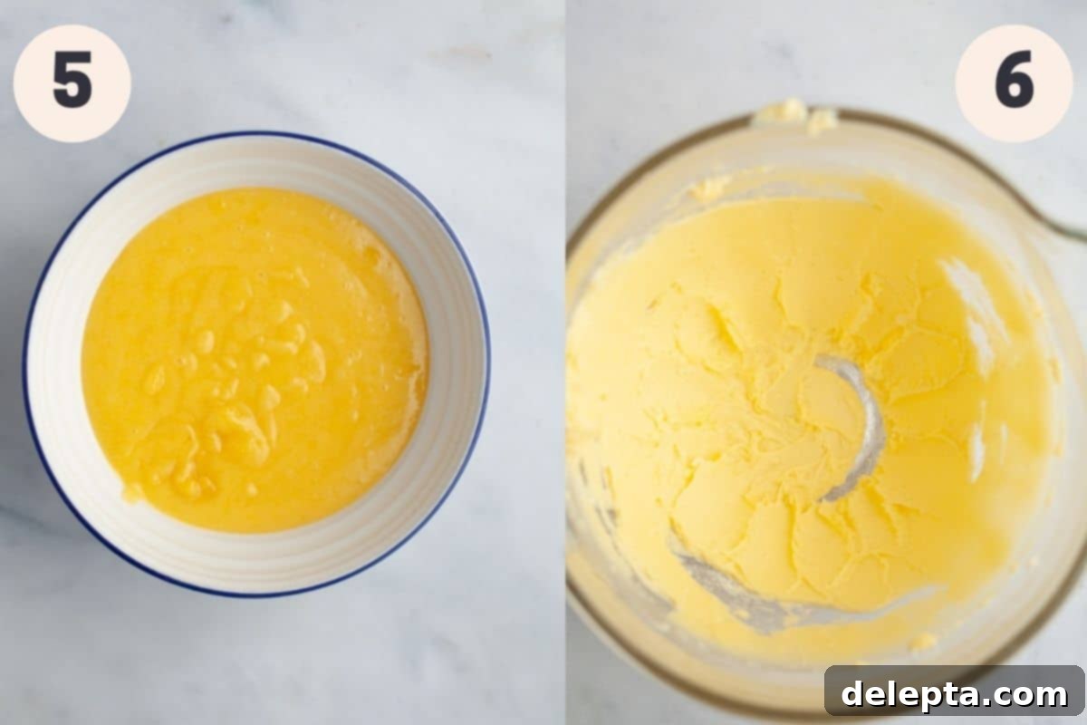 Zesty Lemon Curd Delights 7 A small white bowl filled with freshly made, smooth lemon curd, alongside a large glass mixing bowl containing creamed butter, ready for cookie dough preparation.