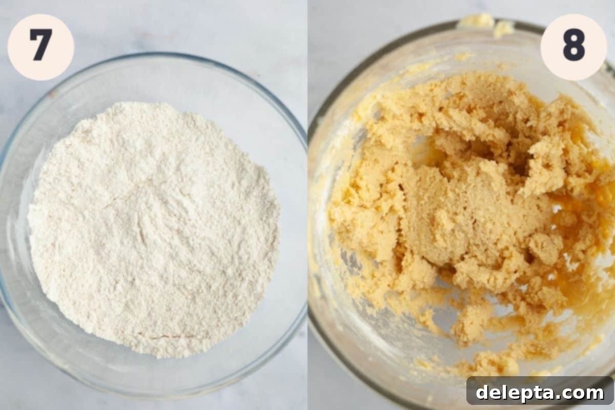 Zesty Lemon Curd Delights 8 Process pictures showing the creation of linzer cookie dough: adding dry ingredients to creamed butter and forming the dough discs.