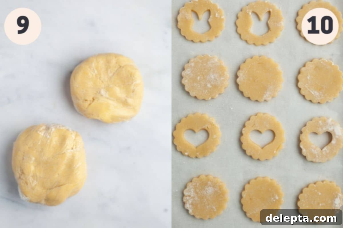 Zesty Lemon Curd Delights 9 Process pictures showing rolled-out linzer cookie dough being cut with a linzer cookie cutter, and baked cookies on a baking sheet, some with cutouts.