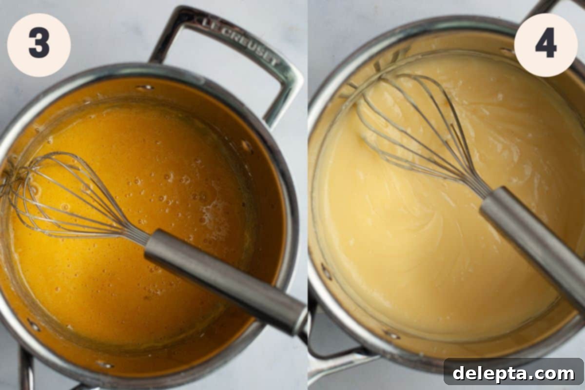 Jarred Banana Pudding Bliss 5 Process pictures for how to make vanilla pudding, showing the mixture thickening on the stove.