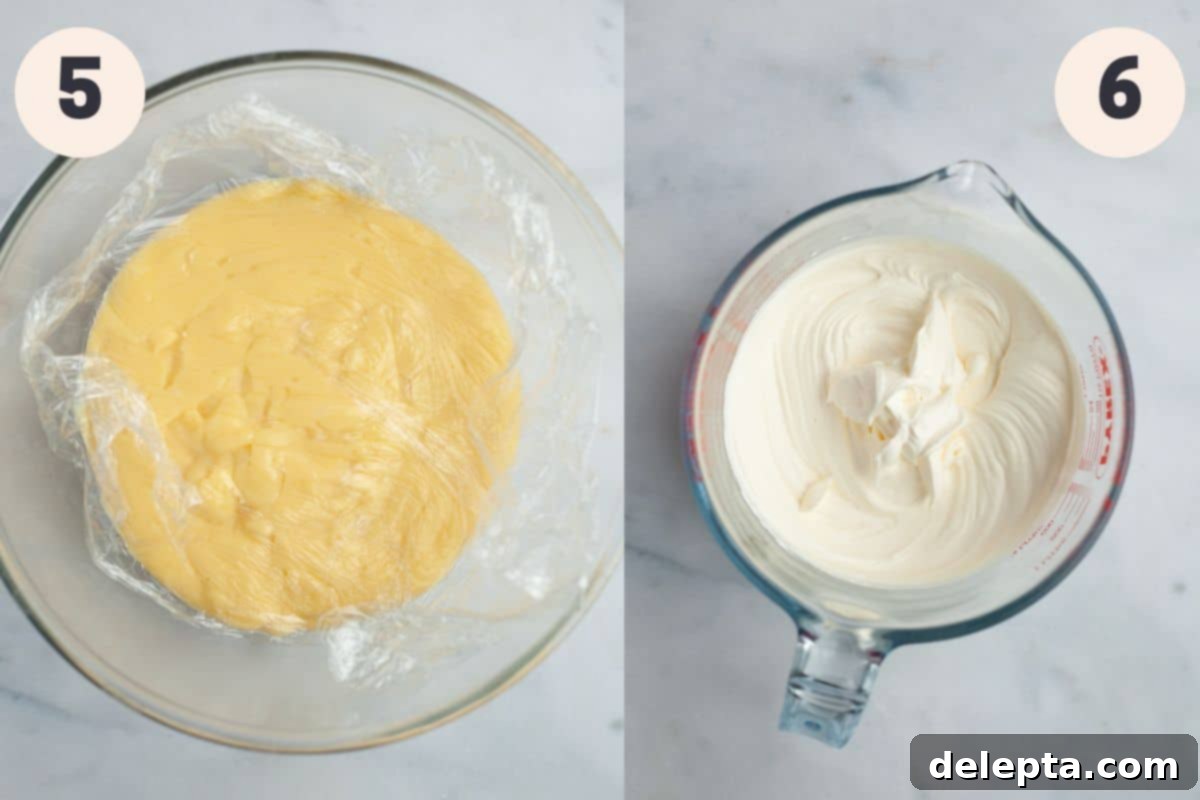 Jarred Banana Pudding Bliss 6 Vanilla pudding in a bowl with plastic wrap covering it and a large jug of whipped cream.