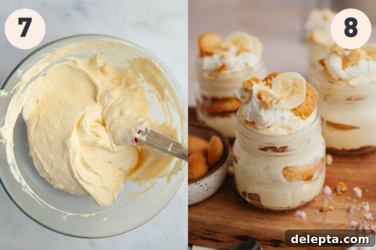 Jarred Banana Pudding Bliss 7 A large bowl with vanilla pudding and whipped cream folded together, alongside three assembled jars of banana pudding.