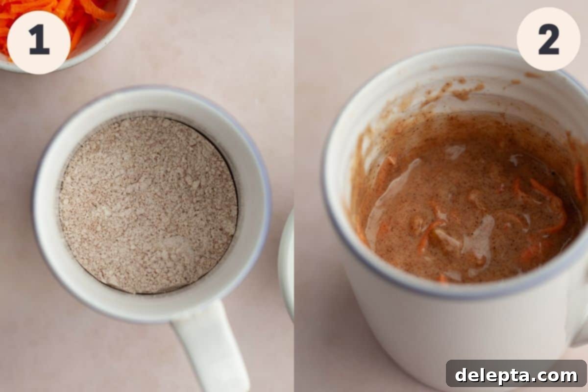 Warm Spiced Carrot Mug Delight 4 Side-by-side process shots illustrating steps 1 and 2: whisking dry ingredients in a mug and then mixing in wet ingredients and shredded carrots.