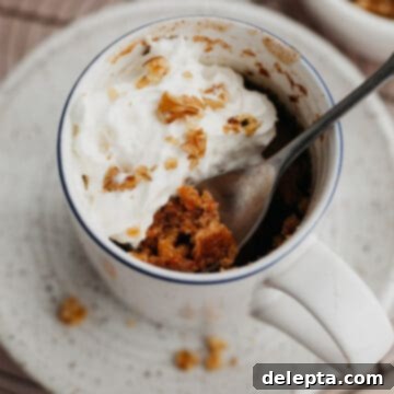 Warm Spiced Carrot Mug Delight 6 An overhead shot of a carrot mug cake topped with whipped cream.