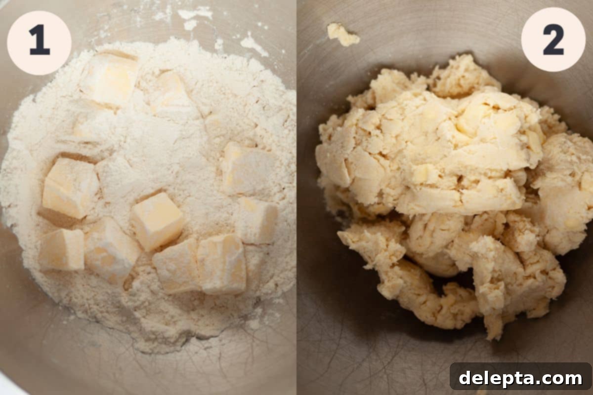 Lemon Cloud Dream 5 Two images showing the initial steps of making pie dough: cutting butter and mixing with flour.