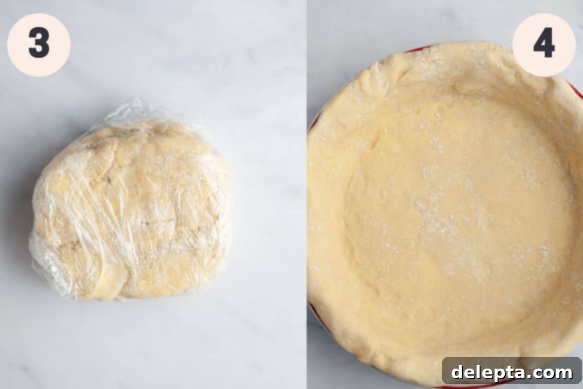 Lemon Cloud Dream 6 Two images showing pie dough being formed into a disc, chilled, rolled out, and placed into a pie plate, then crimped.