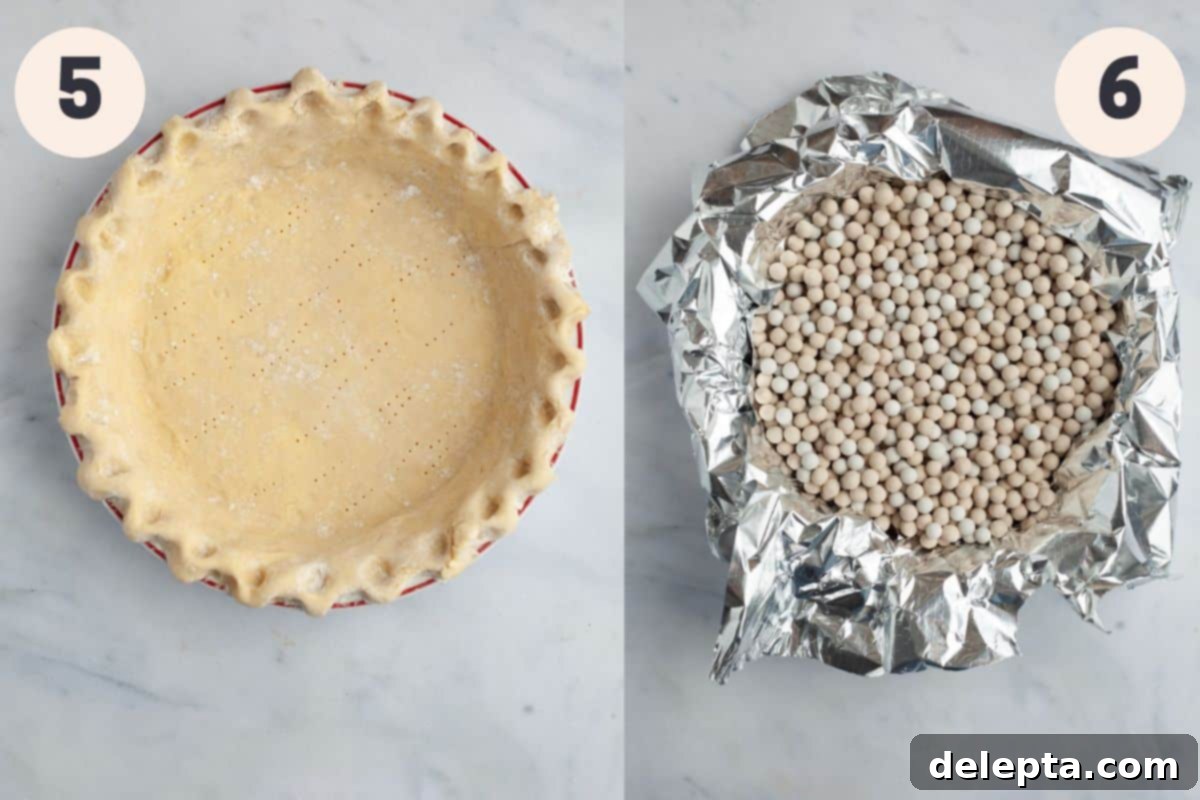 Lemon Cloud Dream 7 Two images showing the pie crust being frozen, pricked with a fork, lined with foil and pie weights, and blind-baked to golden perfection.