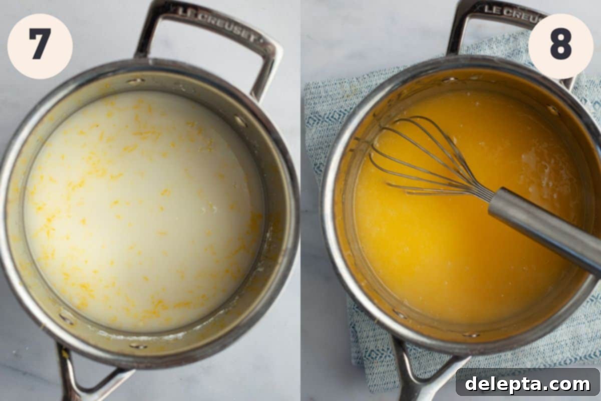 Lemon Cloud Dream 8 Two images showing the process of making lemon curd: whisking egg yolks and cooking the lemon mixture in a saucepan.