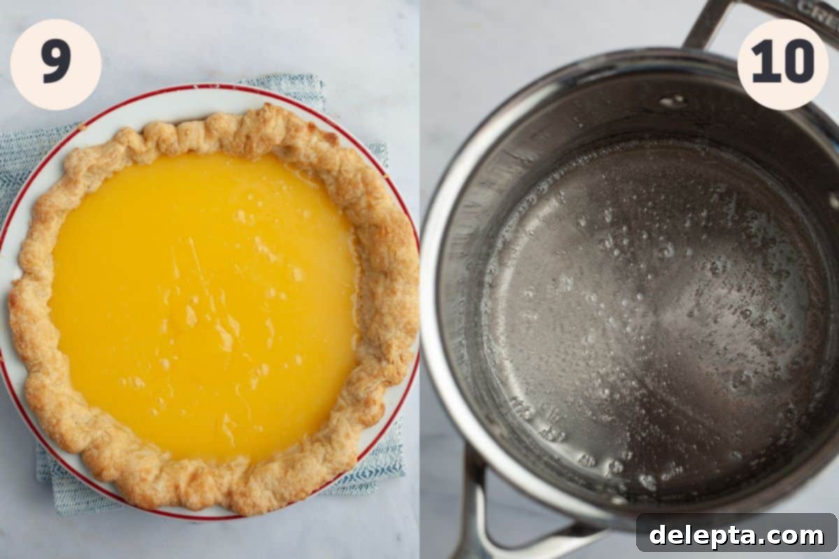 Lemon Cloud Dream 9 An unbaked pie filled with bright lemon curd, and a saucepan with boiling sugar syrup for meringue.