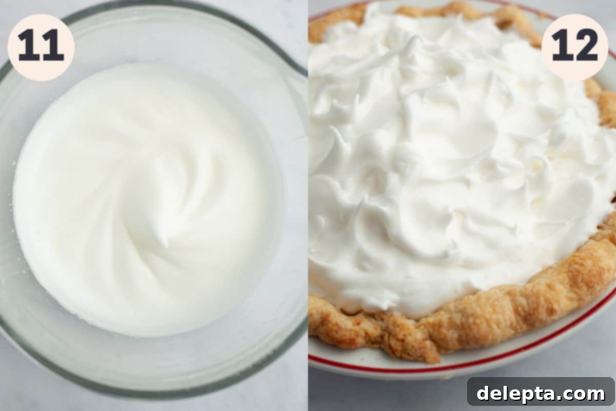 Lemon Cloud Dream 10 Two images: one of a stand mixer bowl with Italian meringue, and another of a finished lemon meringue pie with the topping.