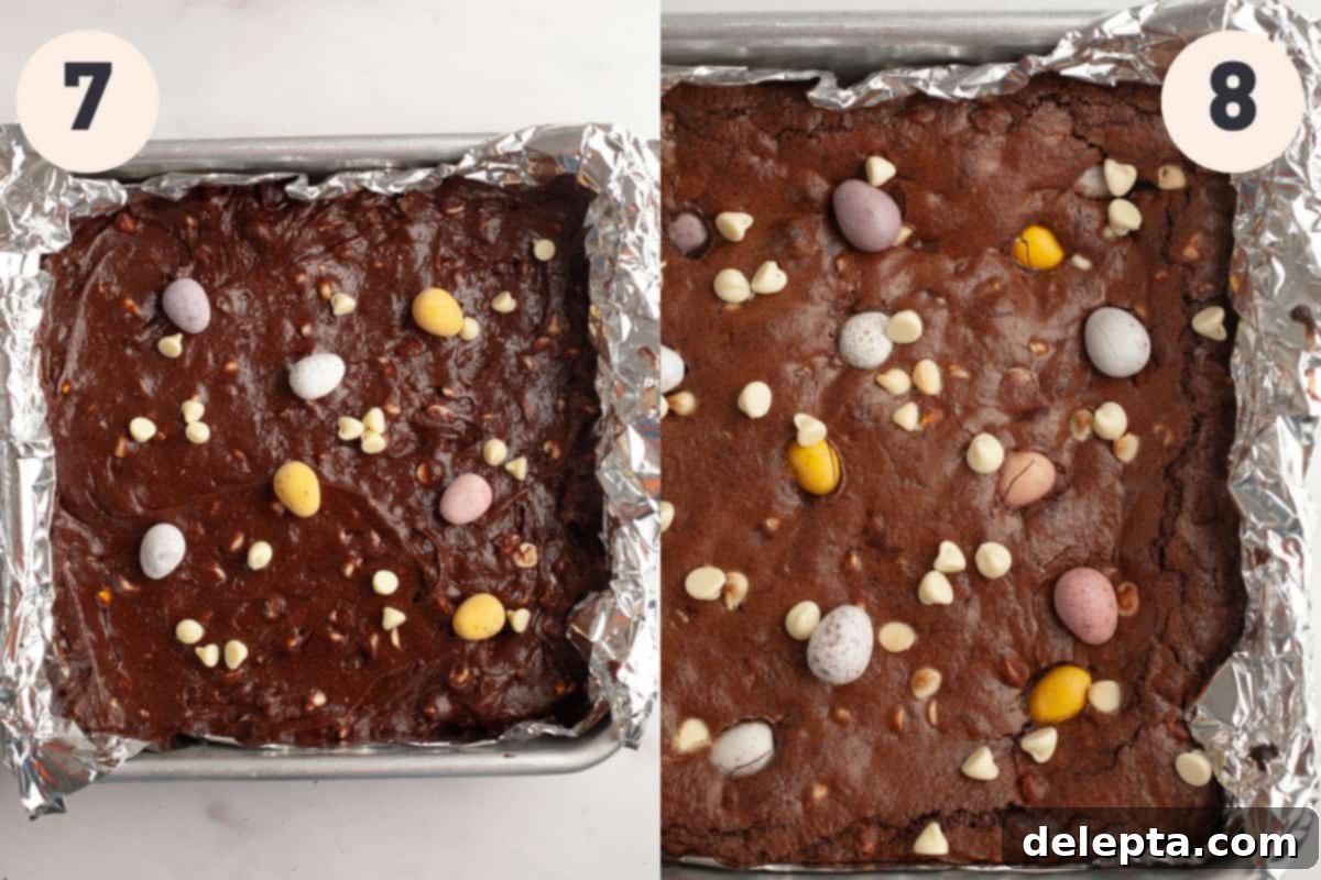 Rainbow Speckled Fudgy Mini Egg Brownies 7 A baking pan filled with unbaked mini egg brownie batter next to a pan of beautifully baked mini egg brownies, ready for cooling.