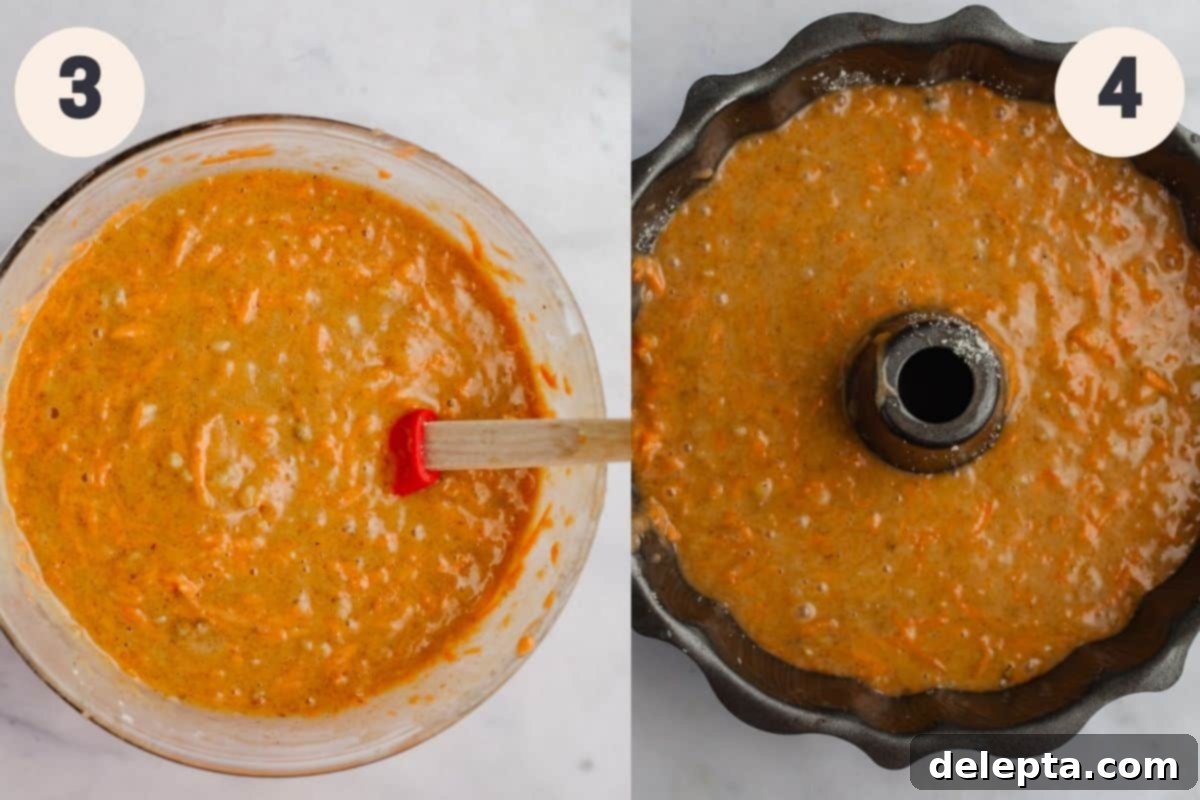Golden Spiced Carrot Crown 5 Two images: one showing the carrot cake batter in a glass mixing bowl, and the other showing the finished batter being carefully poured into a prepared bundt pan.