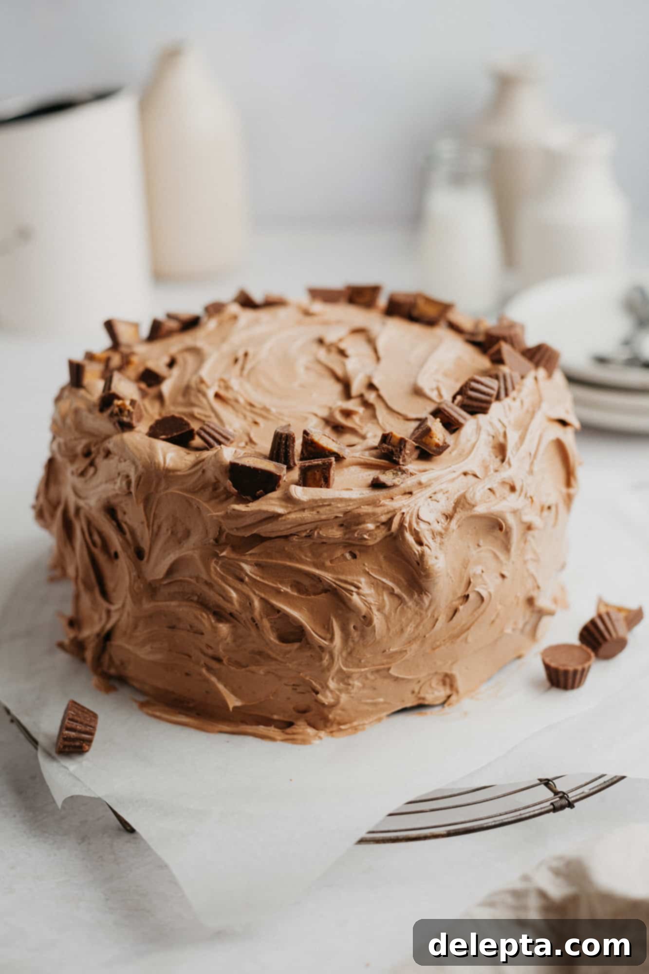 Peanut Butter Chocolate Nirvana 2 A chocolate cake with chocolate frosting. The top is covered in chopped miniature peanut butter cups. The cake is on parchment paper.