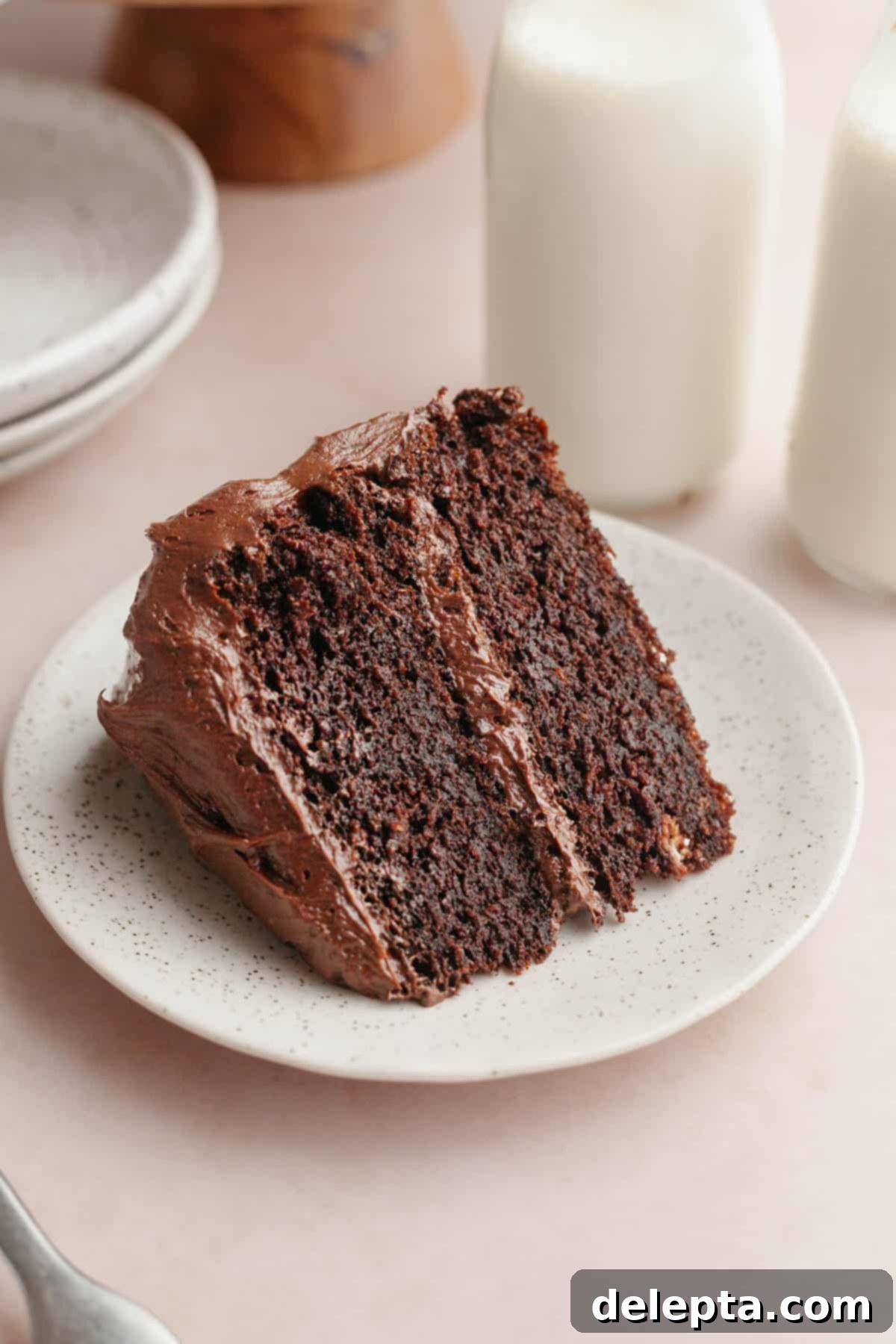 Matilda's 20 Minute Chocolate Cake 2 A slice of chocolate cake on a plate.