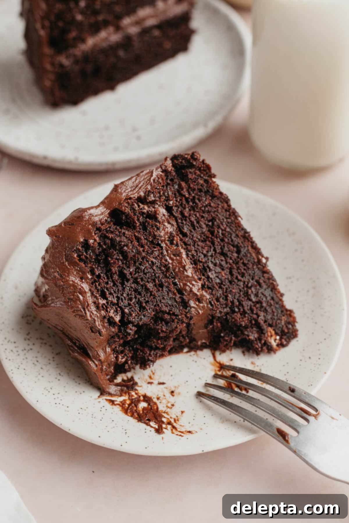 Matilda's 20 Minute Chocolate Cake 11 A slice of chocolate cake on a plate.