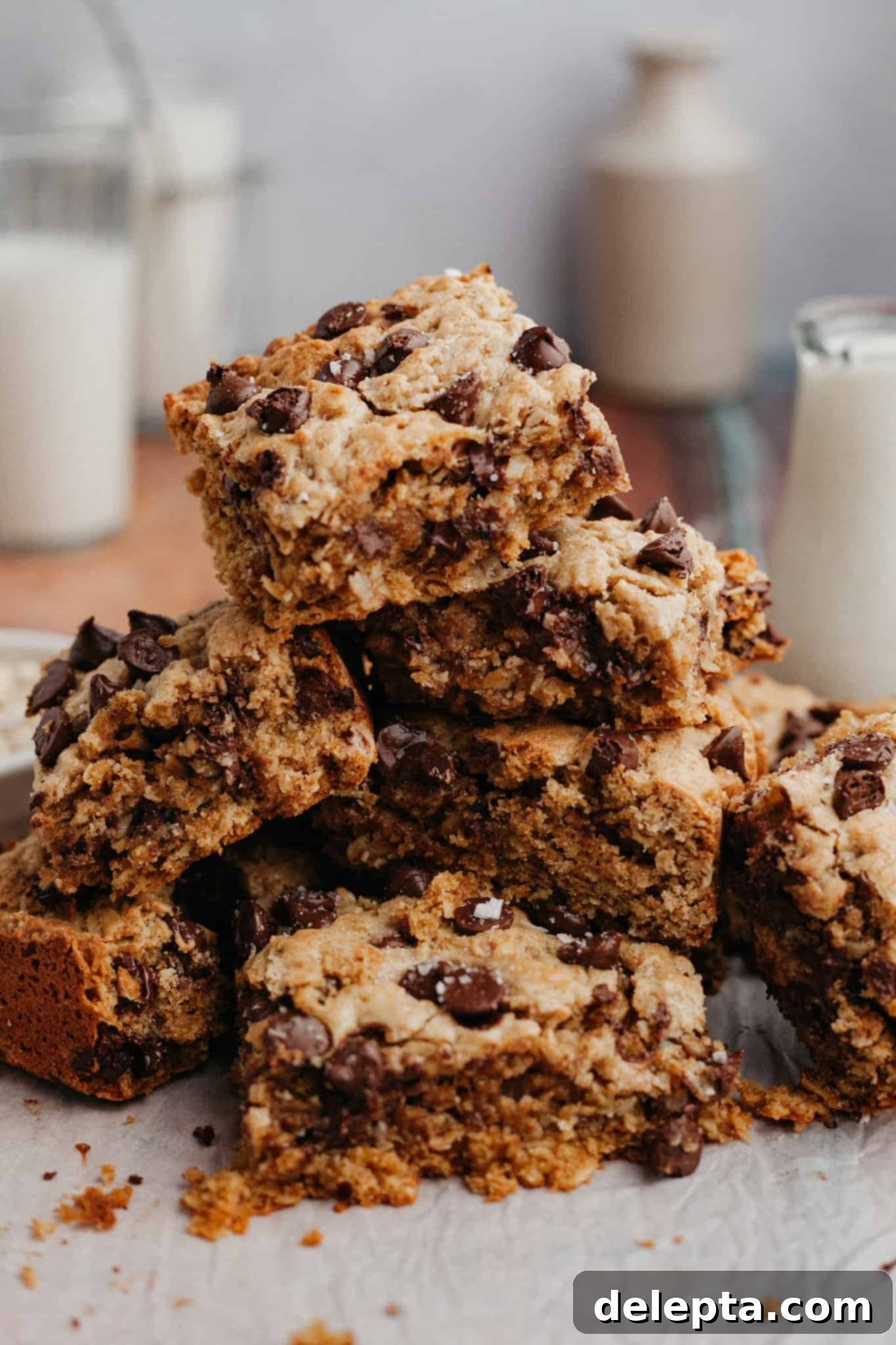 Chewy Peanut Butter Chocolate Chip Oat Bars 2 A big stack of chocolate chip peanut butter oatmeal bars, showcasing their thick, chewy texture and abundance of chocolate chips.