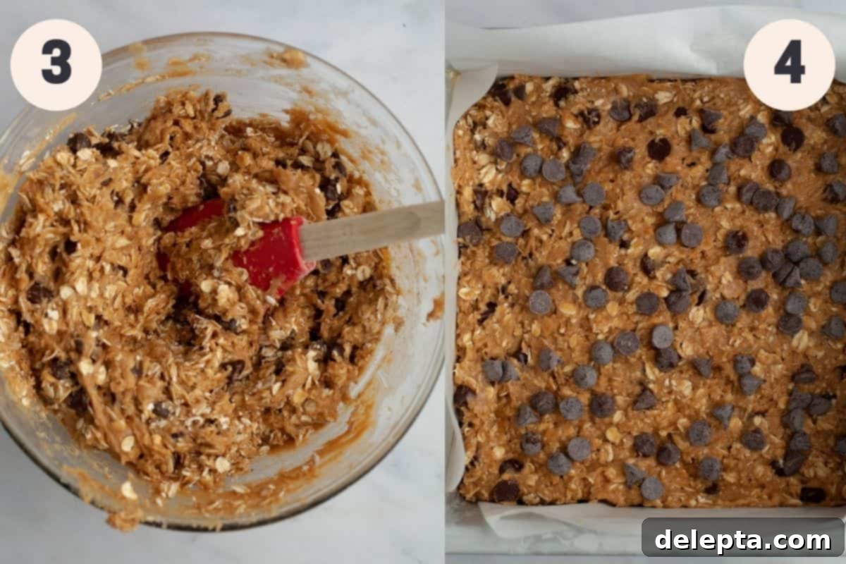 Chewy Peanut Butter Chocolate Chip Oat Bars 5 steps 3 and 4 to make peanut butter oatmeal bars: folding in peanut butter, oats, and chocolate chips, then spreading into the pan.
