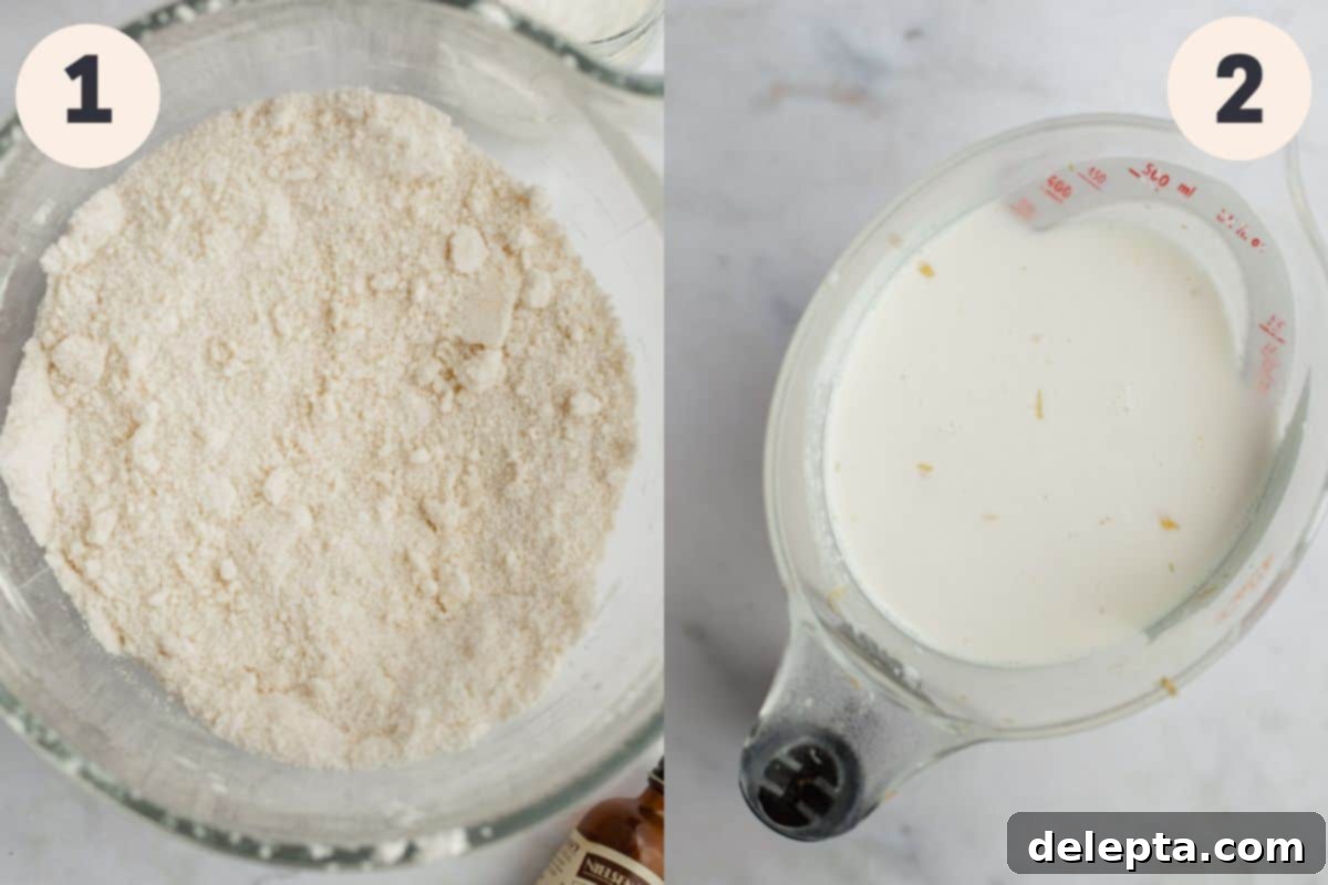Zesty Lemon Blueberry Layer Cake 5 Steps 1 and 2 of the lemon cake baking process, showing dry ingredients mixed and wet ingredients whisked.
