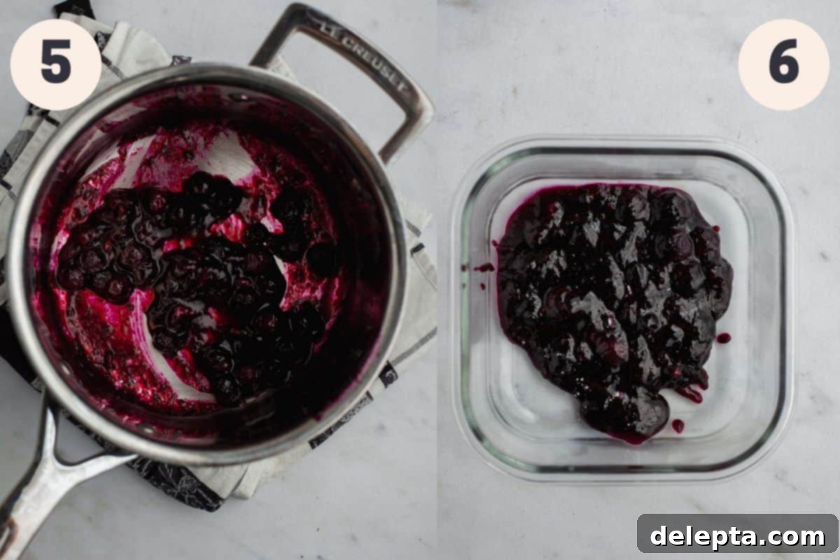 Zesty Lemon Blueberry Layer Cake 7 Steps 5 and 6 showing the process of making the homemade blueberry filling for the cake.